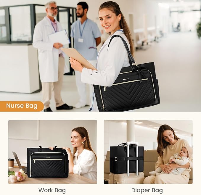 LOVEVOOK Laptop Tote Bag for Women, Work Bag Teacher Tote with Large Cup Holder, Quilted Nurse Diaper Bag for Travel, Computer Women's handbags for Teacher gift, Black, 17.3 Inch