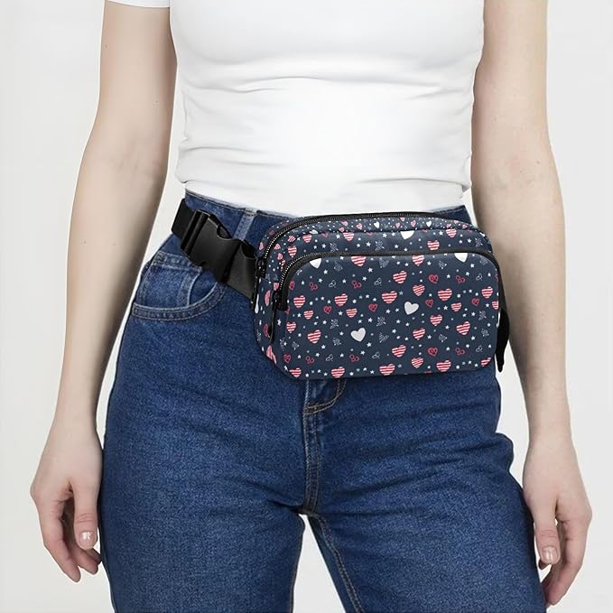 Kawaii American Flag Heart Dog Paw Fanny Pack for Women Men Water Resistant Fashion Waist Packs with Adjustable Strap Belt Bag for Travel Workout Jogging Hiking 21219381