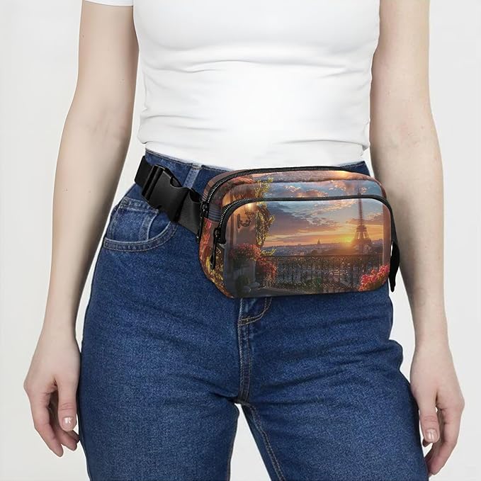 Paris Balcony View Eiffel Tower Fanny Pack for Women Men Water Resistant Fashion Waist Packs with Adjustable Strap Belt Bag for Travel Workout Jogging Hiking 21220605