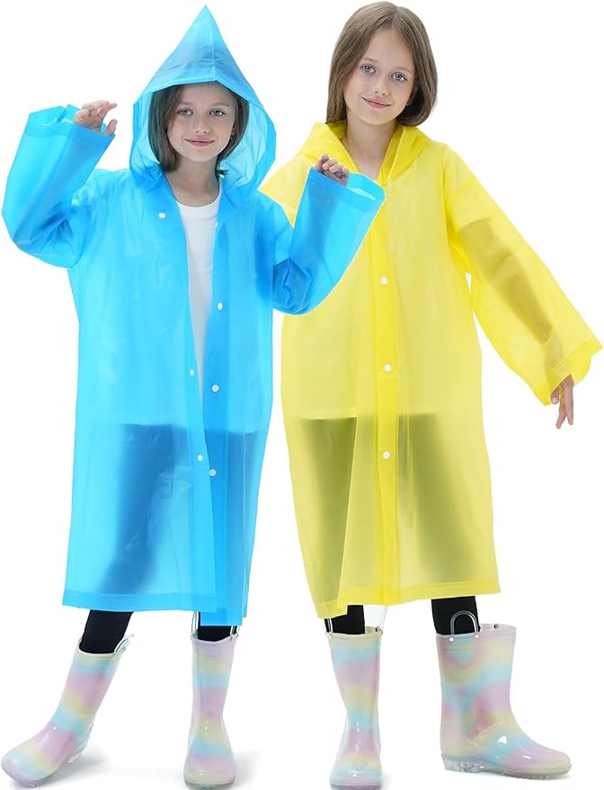 2 Pack Raincoats for Kids, Reusable Rain Ponchos with Hood and Sleeves Rain Coats for Boys and Girls