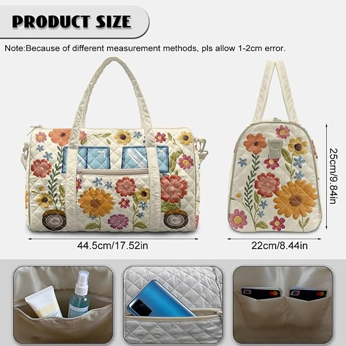 COEQINE Quilted Luggage Bag for Women Travel Quilted Tote Bag Large Floral Hipper Car Camper Print Weekender Overnight Bag Quilted Carry On Tote Handbags