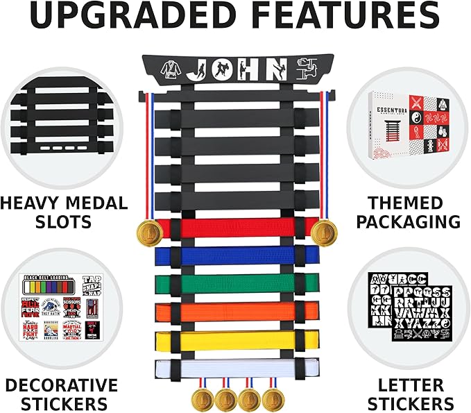 10/12 Belts Karate Belt Display Rack, Pure Bamboo Wood, Themed Stickers, Medal Hangers - Taekwondo Belt Display, Jiu Jitsu, BJJ, Martial Arts