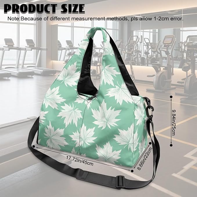 Maple Leaf Travel Duffel Bags for Women with Yoga Mat Strap, Lightweight Green Gym Bag with Shoe Compartment Wet Pocket Fitness Stylish Sport Tote Bag