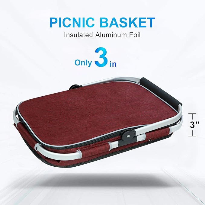 LIQING 35L Large Picnic Basket 2 Layers of Internal Pockets Leak-Proof and Insulated ,Folding with Internal Support for enhansed Stability, Wedding Gifts for Couple(Wine red)