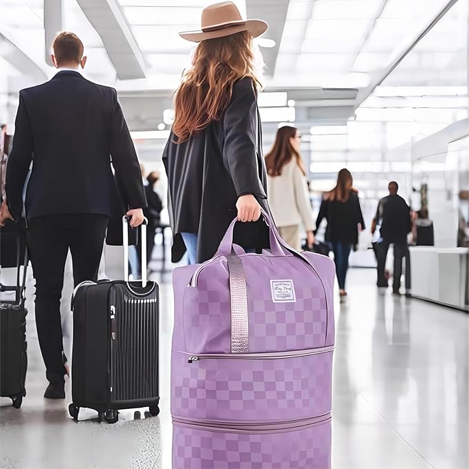 Expandable foldable duffel bag suitcase, detachable rolling wheels,carry-on large duffel bag,luggage bag,suit gym,camping,travel or business trip,Gift for wife and parents-Checkerboard(PURPLE)