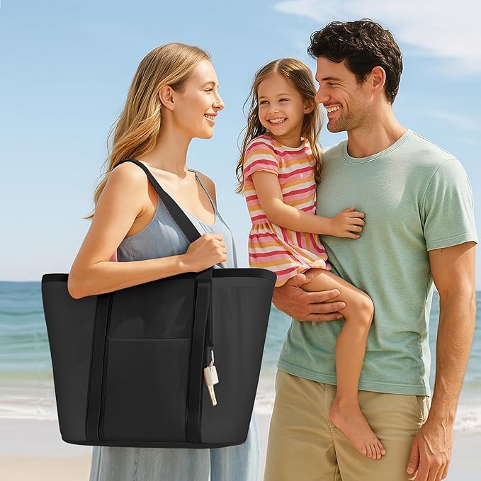 Mesh Beach Bag for Women with Towel Straps, Large Rinse-Through Beach Tote for Pool, Cruise & Vacation Essentials(Black)