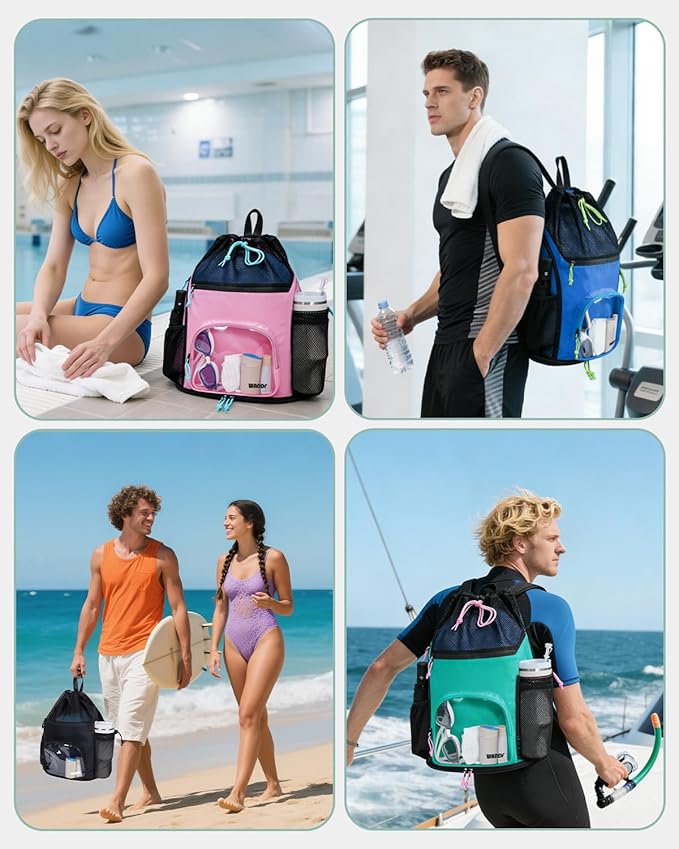 WANDF Swim Bag with Wet Pockets, Sandproof Beach Backpack with 40oz Tumbler Side Pockets, Mesh Drawstring Backpack Swim Bag for Swimming, Pool, Gym and Workout Gear (Blue)