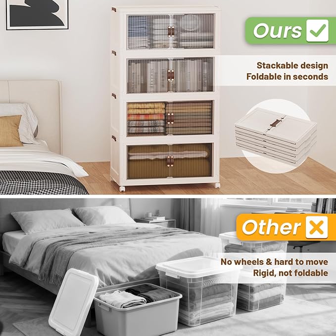 SAILUN 508Qt Extra Large Stackable Storage Bins Folding Collapsible Storage Bins with Lid, Closet Organizers and Storage Box with Door Beige 28" W x 17" D x 61" H