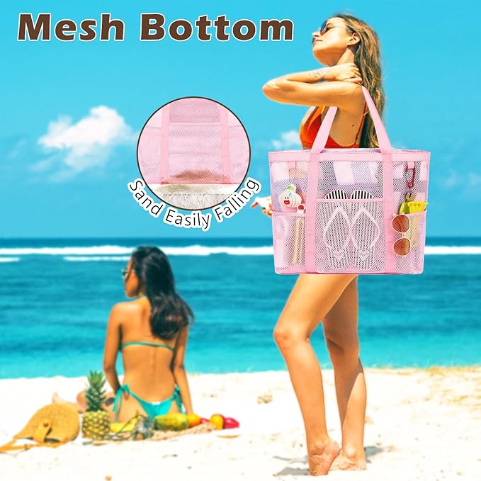 Mesh Beach Bag with Zipper, Large Beach Tote for Women, Toys Pool Swim Bag Travel Vacation Cruise Essentials