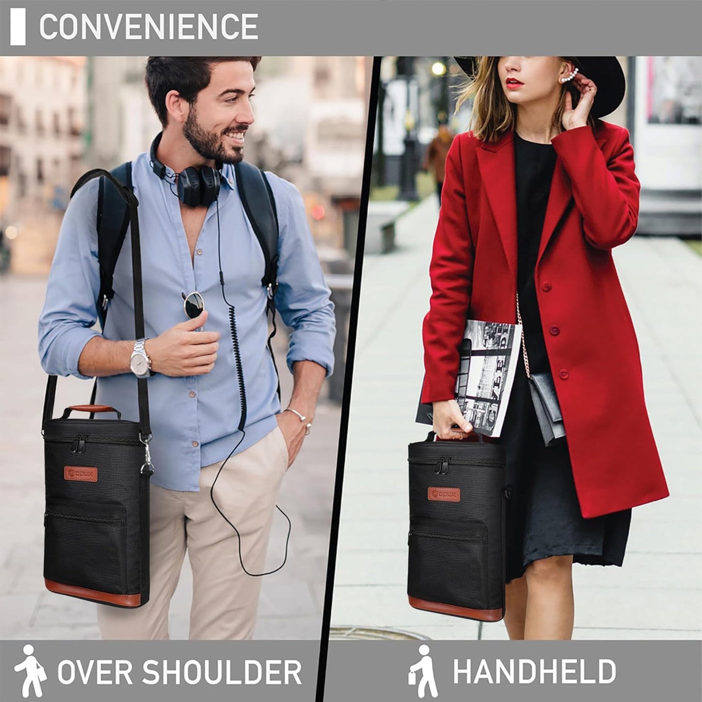 opux Wine Bag 2 Bottle Wine Tote Carrier, Insulated Wine Cooler Bag for Travel Picnic, Leakproof Portable Bottle Padded Case, Wine Gifts For Women Men Wine Lovers Christmas, Black