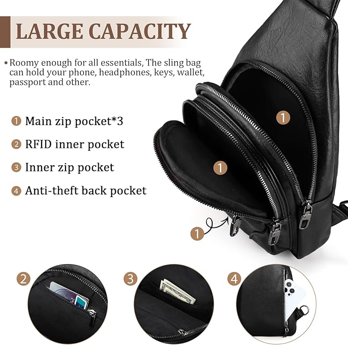 JASGOOD Anti Theft Crossbody Travel Bag for Women Men PU Leather Sling Bag with Adjustable Strap