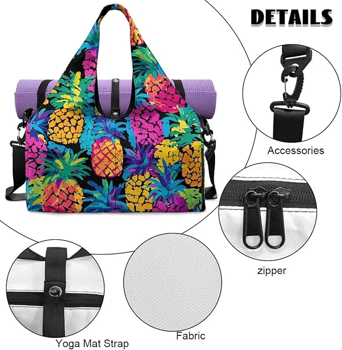 Gym Bag Women with Yoga Mat Holder Strap, Pineapple Gym Duffle Bag with Shoes Compartment, Wet Pocket, Gym Backpack Carring Workout Stuff Accessories