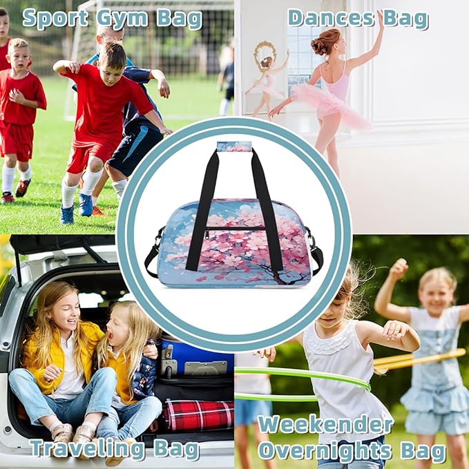 Sports Duffel Bags, Pink Cherry Blossom Tree Water-Resistant Gym Duffle Bag for Men Women, Lightweight Weekender Overnight Bag for Fitness, Workout, Travel