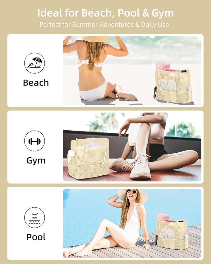 Mesh Beach Tote Bag Packable,2026 New 2-in-1 Large Lightweight Foldable Beach Bags with Multiple Pockets for Women