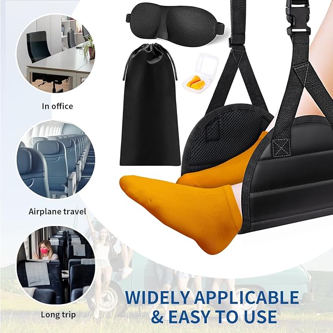 Foot Hammock Airplane Foot Rest for Train, Length Adjustable Travel Essentials with Eye Mask and Earplugs, Desk Foot Rest, Flight Essentials Airplane Foot Hammock (1 Set)