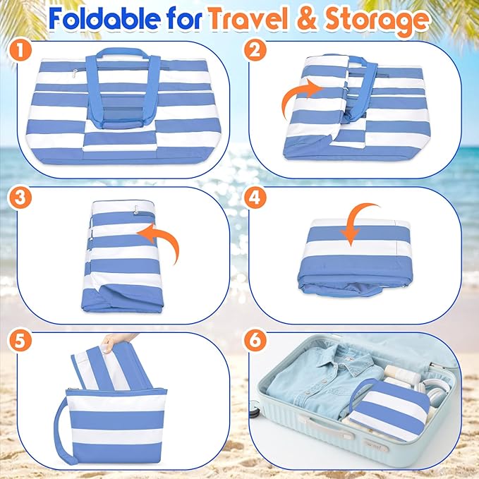 BKNOOU Extra Large Beach Bags Waterproof Sandproof XL Beach Tote Bag for Women Zipper Foldable Swim Pool Bag with Wet Pocket