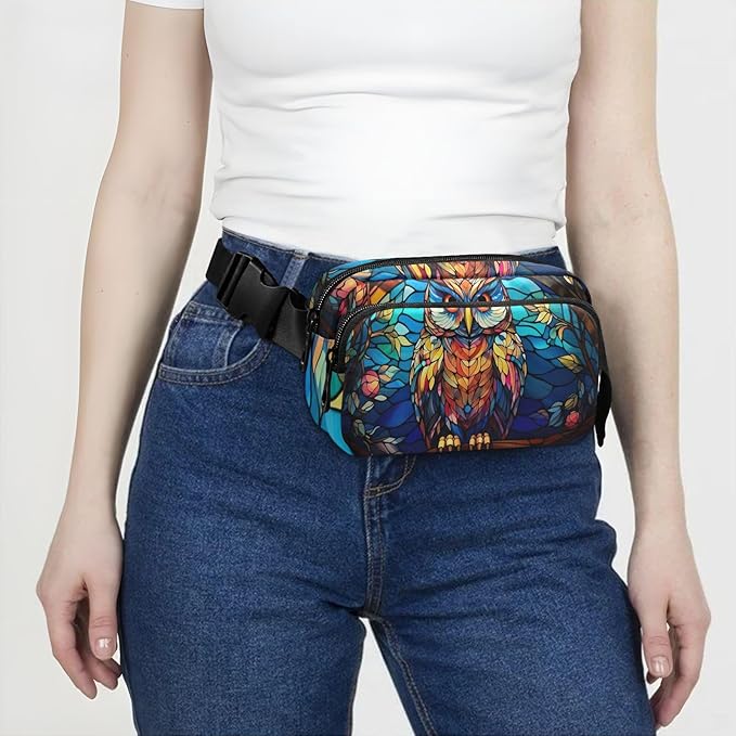 Stained Glass Printed Owl Fanny Pack for Women Men Water Resistant Fashion Waist Packs with Adjustable Strap Belt Bag for Travel Workout Jogging Hiking 21219629
