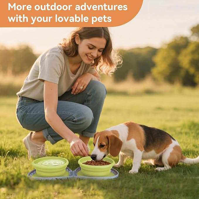 Collapsible 2-in-1 Dog Bowls: Leakproof Double Silicone Food & Water Bowl for Travel, Camping, Hiking - Portable Cat & Dog Feeding Supplies (Beige)