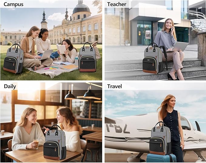Laptop Backpack for Women Work Bag - 15.6 inch Travel Backpack Purse with USB Charger College Bookbag Waterproof Casual Daypack Fashion Business Computer Backpacks for Teacher Nurse Black Grey Brown