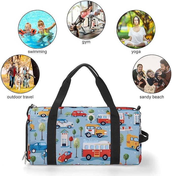 Rescue Vehicles Cartoon Sport Gym Bag for Men Women Cute Travel Duffel Bag with Wet Pocket Shoes Compartment Carry on Pack for Workout Overnight Weekend Trip