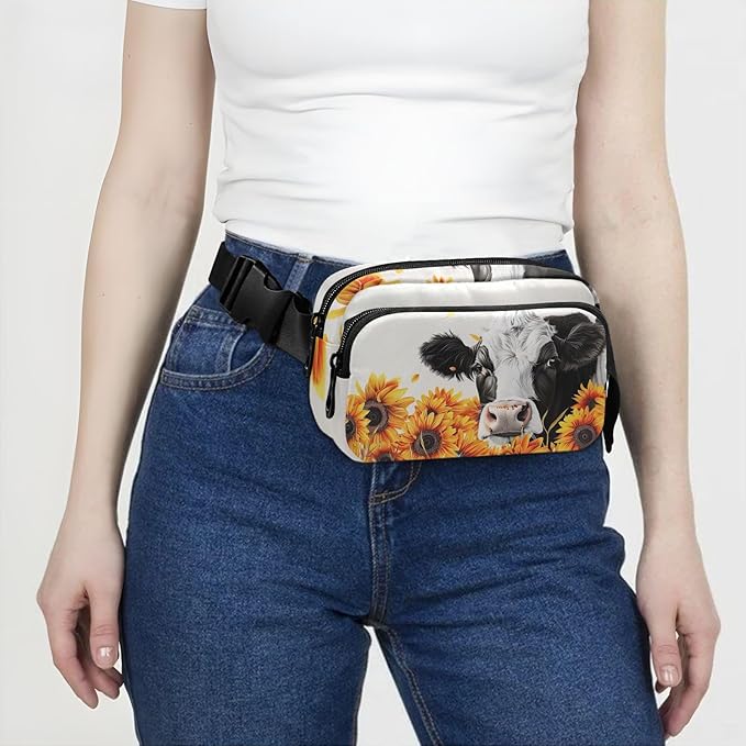 Kawaii Cow Sunflower Fanny Pack for Women Men Water Resistant Fashion Waist Packs with Adjustable Strap Belt Bag for Travel Workout Jogging Hiking 21220226