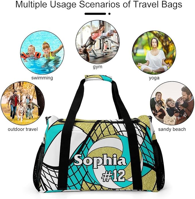 Custom Volleyball Turquoise Gold Duffel Bag with Name Personalized Travel Bags Sport Gym Bag Carry On Weekender Bags for Men Women