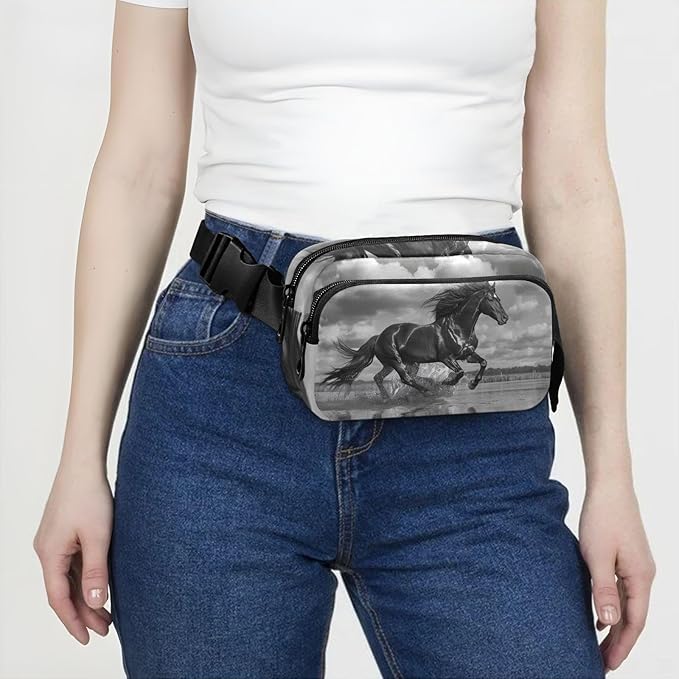 Black Horse Running in Beach Fanny Pack for Women Men Water Resistant Fashion Waist Packs with Adjustable Strap Belt Bag for Travel Workout Jogging Hiking 21220146