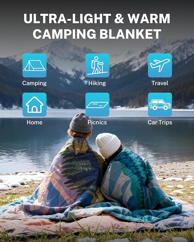 Gonex Camping Blanket with Aero-Warmth Tech Layer, Puffy Printed Packable Blanket Ultralight & Warm Wearable Water-Resistant Quilt for Outdoor, Camping, Hiking, Travel, Picnics 79" X 55" (Landscape)