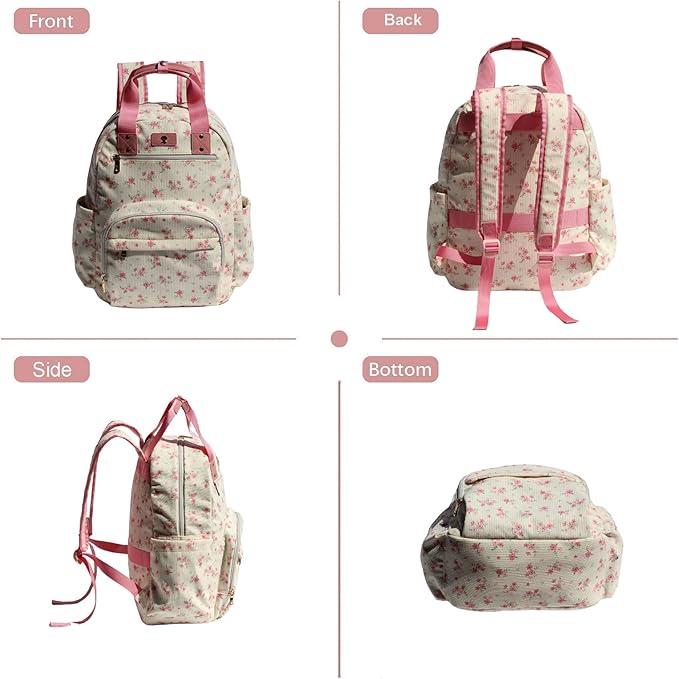 Diaper Bag Backpack, Large Capacity Multifunction Baby Essentials Fashion Travel Pack Linen Canvas office Laptop Bag (Corduroy Cute Flower)