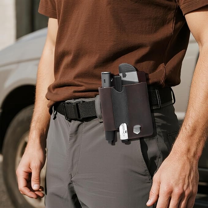 Leather Tool Belt Pouches Tool Holster EDC Pouch with Belt Clip, Multitool Sheath Pocket Organizer Includes Metal Clip, Fits Flashlight, Pen