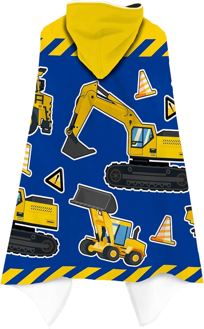 Kids Beach Towel With Hood - Excavators Vehicles Engineering Theme for Boys Girls, Microfiber Soft Bath Poncho Bathrobe Wrap Robe for Swim Pool - Cool Children's Gift