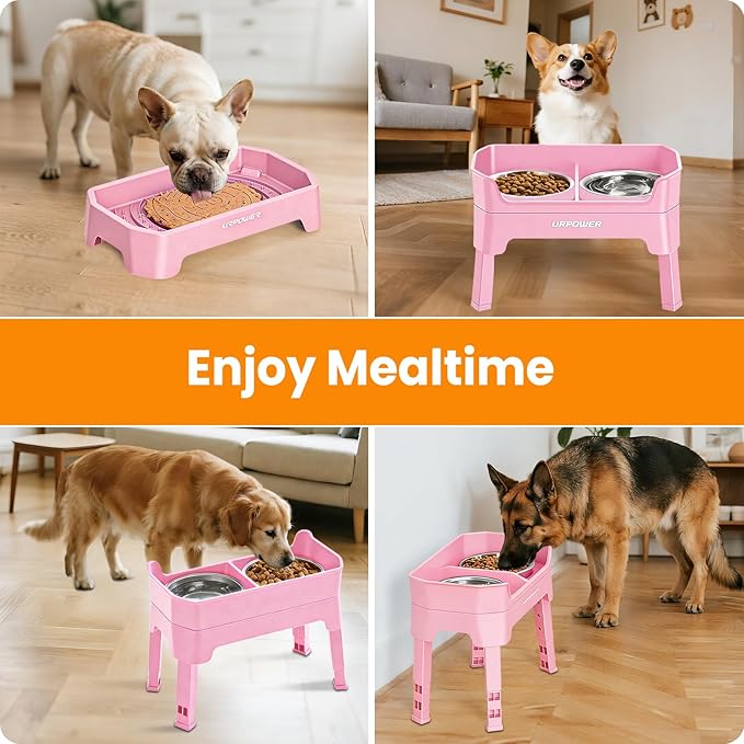 URPOWER 3-in-1 Elevated Dog Bowls - Mess Proof Double Deck 4 Height Adjustable Raised Stand with 2 Stainless Steel Food Bowls and Licking Plate for Small Medium & Large Dogs