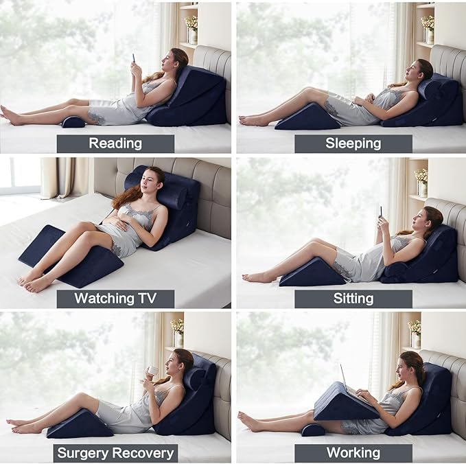 4Pcs Wedge Pillow for Sleeping, Orthopedic Bed Wedge Pillows for After Surgery, Foam Triangle Sit Up Pillow Wedge for Back, Neck, Shoulder Support, Leg Elevation, Acid Reflux, Gerd, Snoring Navy Blue