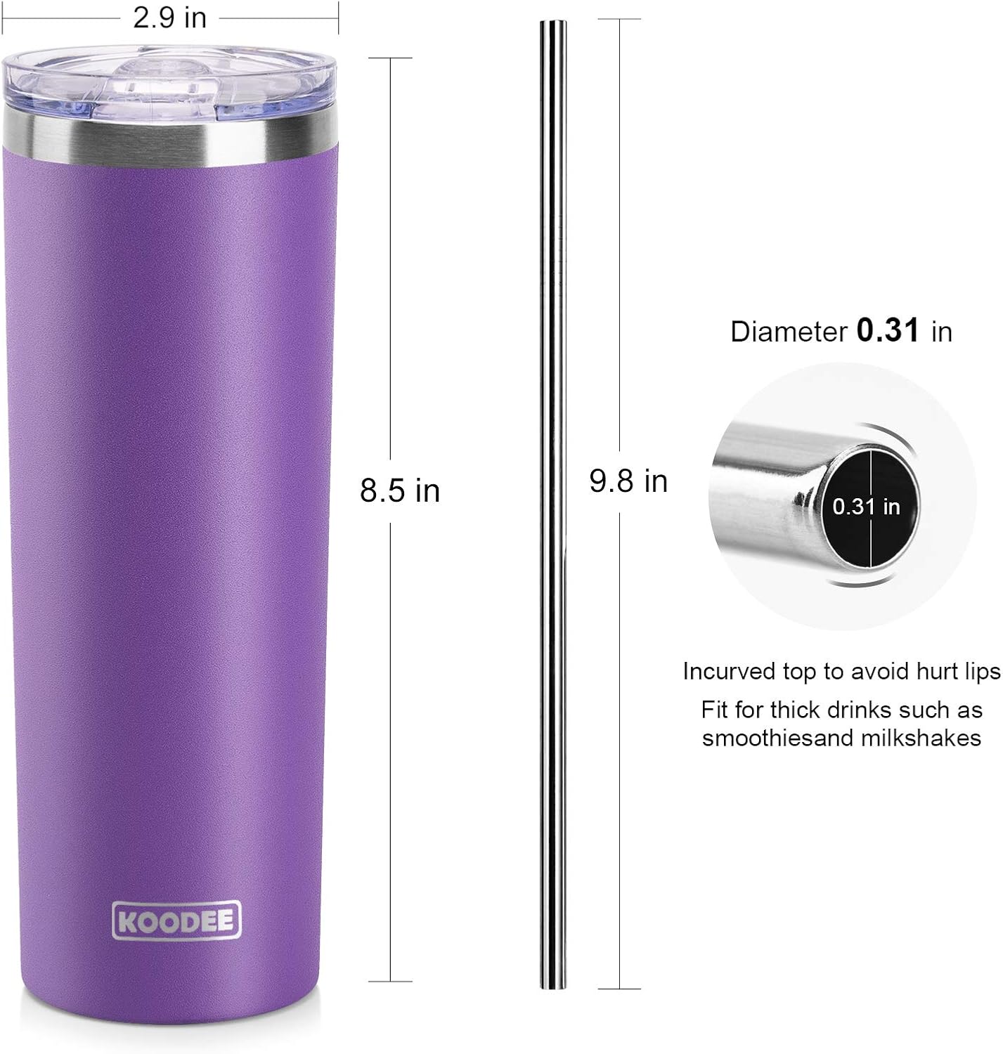 koodee 20 oz Skinny Tumbler (2 Pack) Stainless Steel Double Wall Insulated Water Tumbler Cup with Straw, Slim Travel or Women Diy Birthday Gift (Purple-Pink)