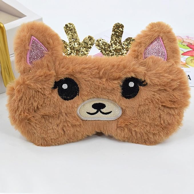 Cute Reindeer Plush Sleep Mask - Golden Deer Eye Mask, Fluffy Soft, Blindfold, Travel for Kids, Girls and Adults - Gold