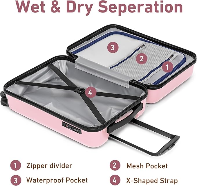 KYME Carry On Luggage Sets 3 Piece 20 Inch Suitcase Set with Duffel Bag ABS+PC Hardshell Travel Luggage with Spinner Wheels TSA Lock (Pink, 3Pcs Set)