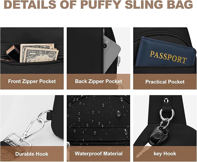 Sling Bag for Women, Anti-Theft RFID Crossbody Bag Nylon Sling Purse for Travel, Puffy Small backpack for Daily Hiking Sports Black
