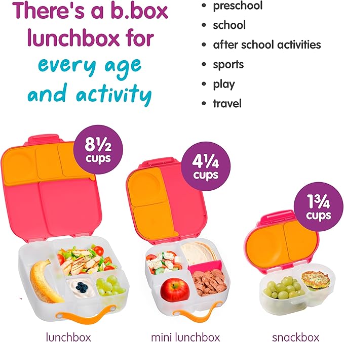 b.box Snack Box 2 Pack - Leak Proof Mini Bento Box for Kids & Toddlers, 2 Compartment Snack Containers for Kids, Dishwasher Safe, BPA Free, PFAS Free, Ages 4m+, 1 3/4 Cup Each (Strawberry + Indigo)