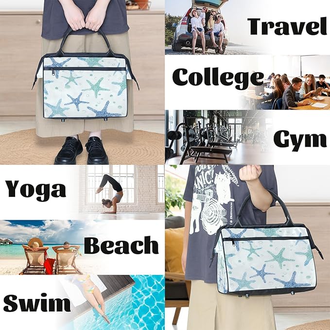 Gym Bag for Women Men, Teal Blue Starfish Pattern Sports Duffel Bags, Waterproof Travel Weekender Overnight Carry On Tote Bags for Travel Sports