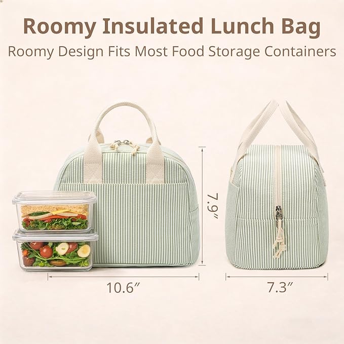 Insulated Lunch Bag for Women, Reusable Green Striped Lunch Box Cooler Bag with Large Capacity, Durable Lunch Tote for Work