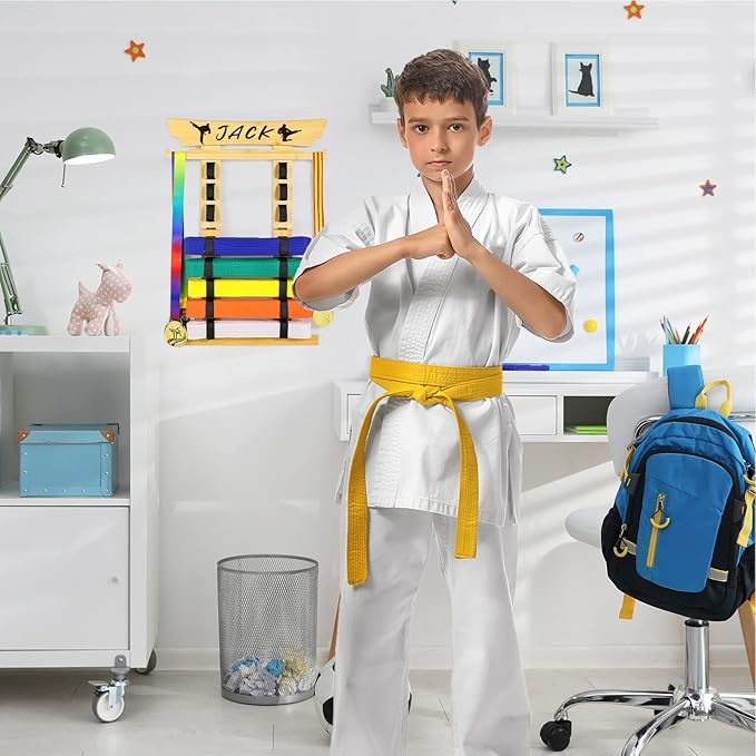 Tilhumt 8 Belt Karate Belt Display Rack with Medal Hanger and Stickers, Taekwondo Belt Display Holder, Martial Arts Belt Display Organizer for Adults, No Assembly Required (Bamboo/Acrylic)