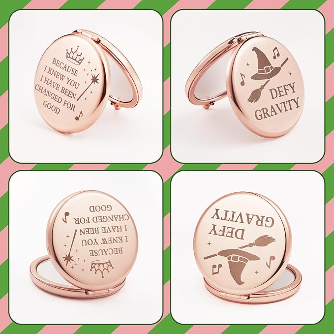 2 Pcs Witch Pocket Mirrors – Witch Compact Makeup Mirror with Hat, Broom & Crown Wand Design, Movie or Musical Theatre Merch Stuff Gifts for Women & Girls (Rose Gold)