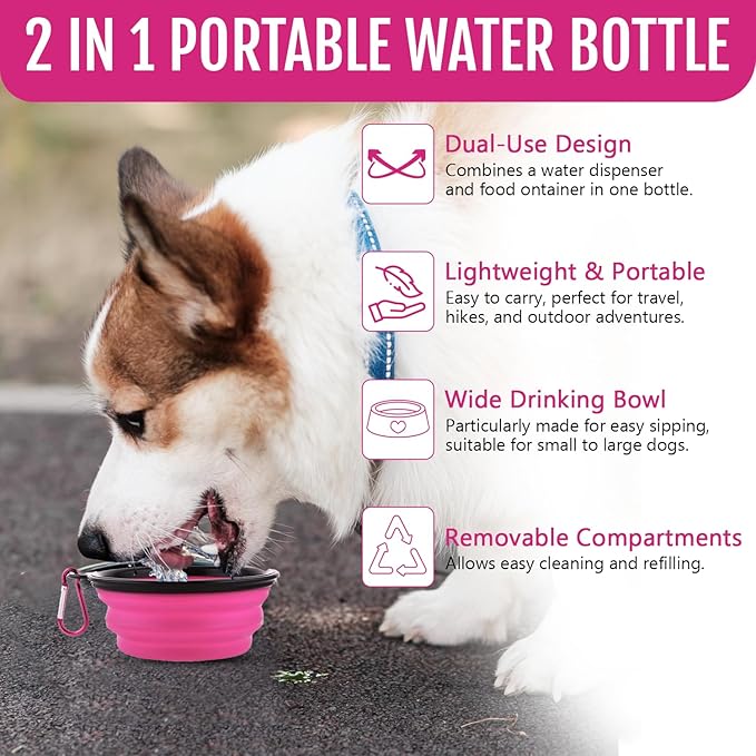 Dog Travel Water Bottle W/Collapsible Bowls - Portable 2 in 1 Leakproof Pet Water Bottle Food Container Ideal for Travel, Outdoor Portable Water Bowls for Walking, Camping & Hiking - (Pink)