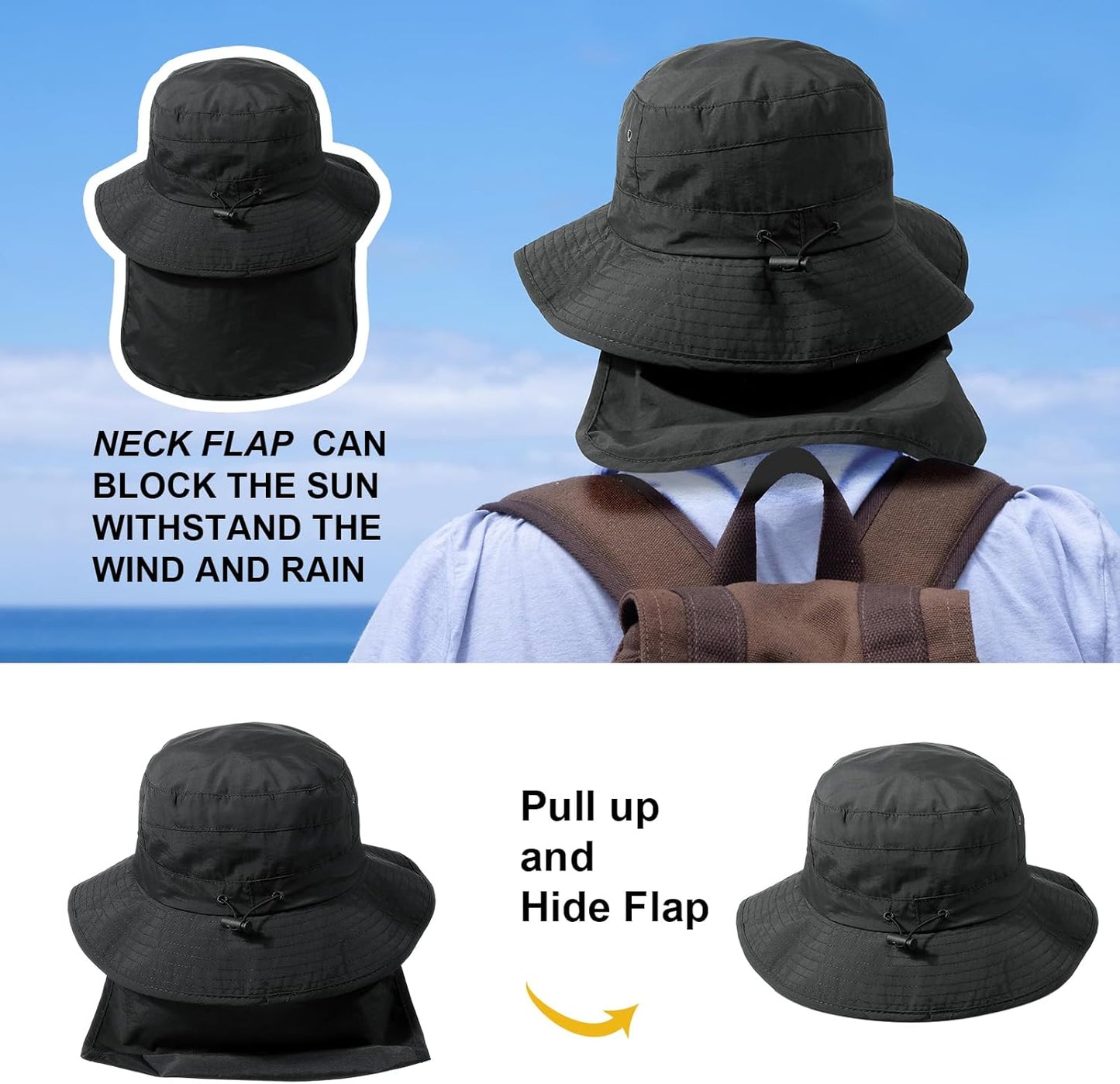 Water-Resistant Sun UPF 50+ Bucket Hat Protection Packable Brimmed Boonie for Women Men Summer Lightweight Hiking Outdoor Cap