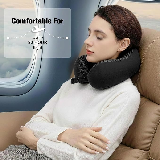 Neck Pillow for Traveling, Travel Pillows for Airplanes,100% Pure Memory Foam Travel Neck Pillow, Adjustable Flight Pillow, Portable Plane Accessories with Eye Mask, Earplugs, Carry Bag