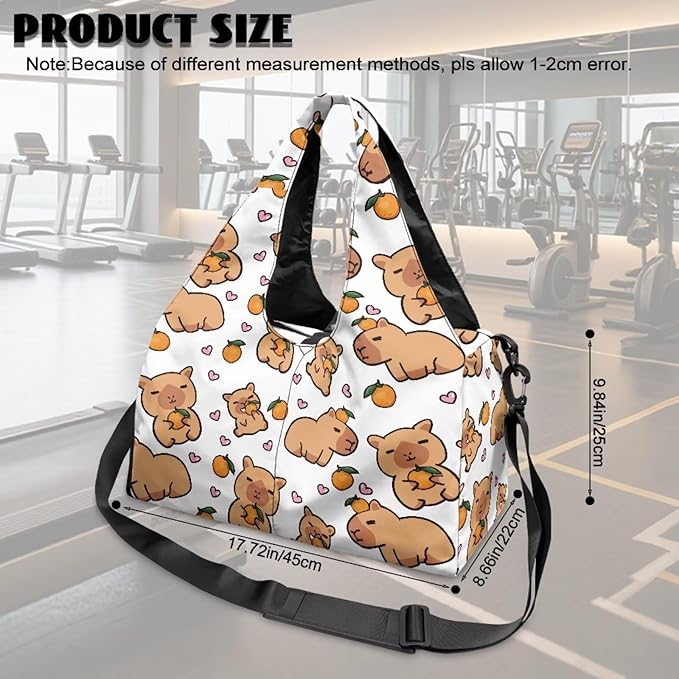Capybara Workout Bag for Women with Yoga Mat Holder and Shoe Compartment White Gym Bag Waterproof Gym Duffel for Swimming, Stylish Fitness Duffel Bag