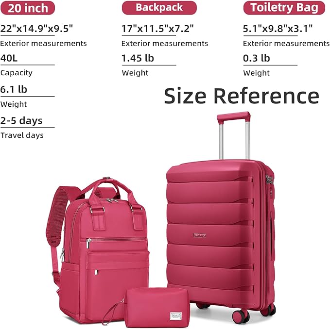 Carry On Luggage 22x14x9 Airline Approved, 22 Inch PP Hardshell Luggage Carry-on Suitcase with Spinner Wheels, Carry On Suitcase Set for Women(Rose Red)