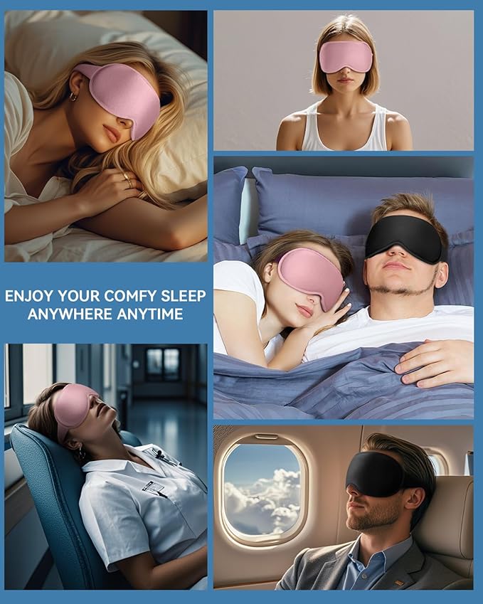 Weighted Eye Mask 2 Pack - 3D Contoured Sleep Masks for Women Men, Blackout Sleeping Eye Mask for Travel, Meditation, Airplane, Memory Foam, Adjustable Strap Pink Black