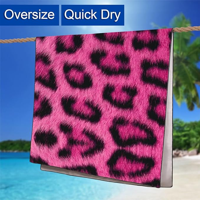 Pink Leopard Print Love Beach Towel 36"x72" Quick-Dry Sand-Free Soft Microfiber for Pool Camping