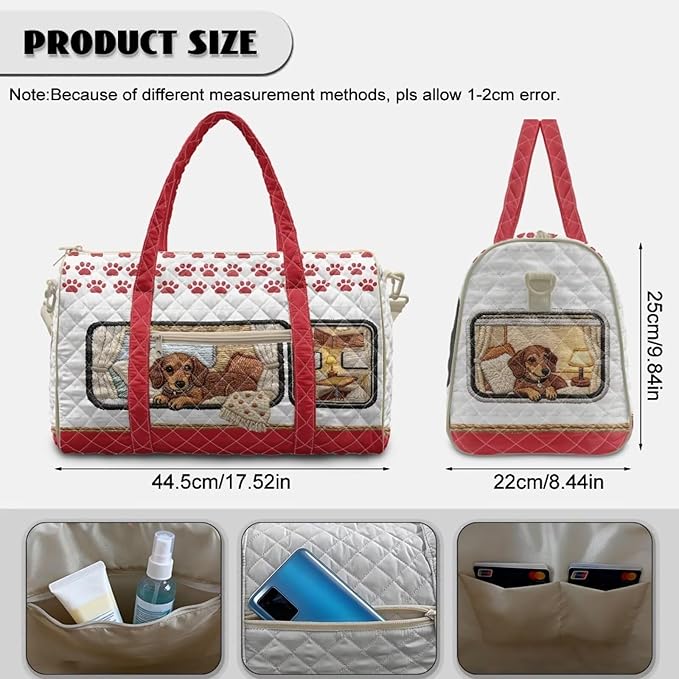 COEQINE Red Quilted Travel Bag for Women Cute Dachshund Dog Camper Car Print Quilted Tote Bag Large Car for Travel Duffle Bag Weekender Carry on Gym Backpack Purses for Womens